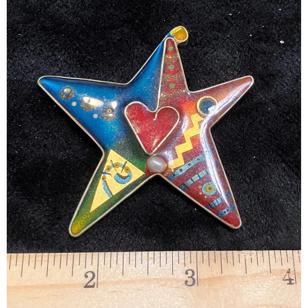 Yossi Steinberg Star Brooch Multi-Color Enamel Heart Pearl Celestial Pin